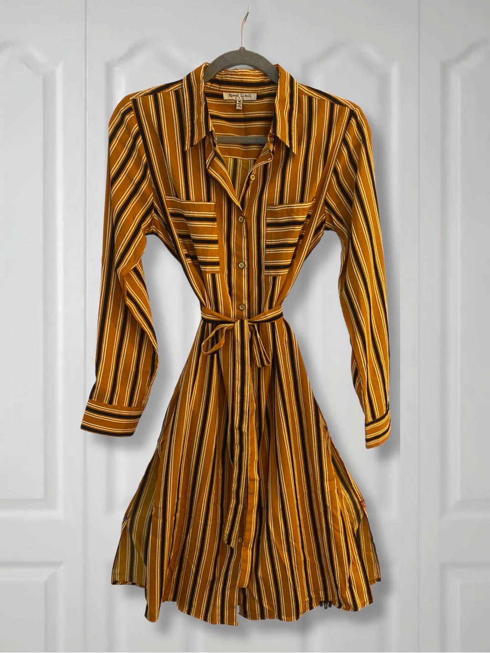 ⁠Womens Striped Collar Shirt Dress Medium M Yellow Long Sleeve Belted⁠ Tie Waist